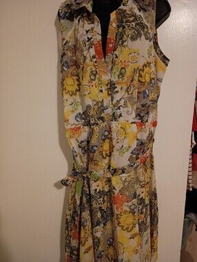 Sleeveless Floral Midi Dress with Self-Tie Waist in Yellow and White